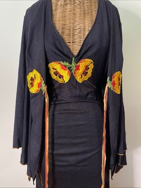 1970’s Fitted Black Maxi Halter Dress & Kimono Jacket with Stunning Details WOW